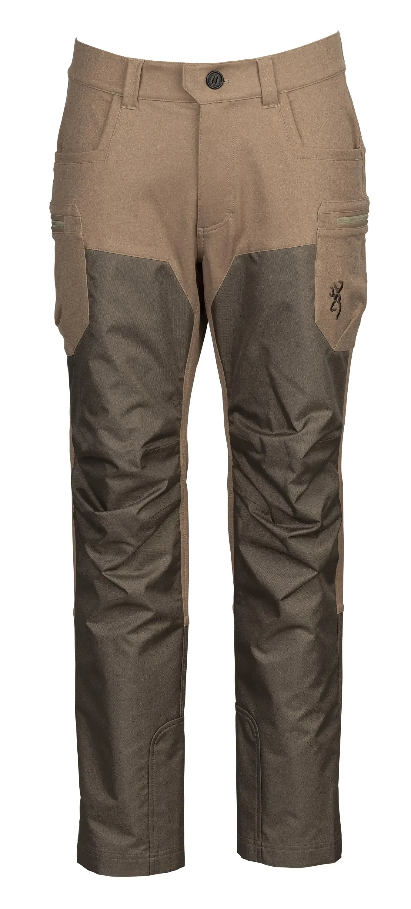 Tan and brown outdoor pants with reinforced knees and Browning logo on the thigh