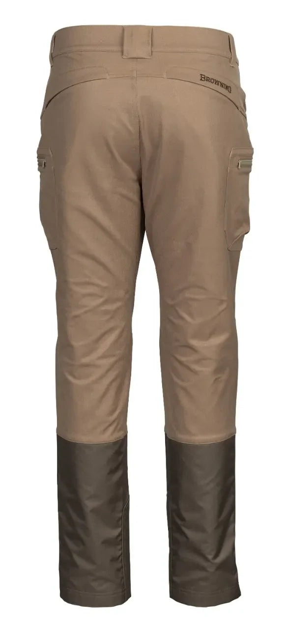 Tan Browning Brush Flatts pants with dark brown reinforced lower legs, rear view