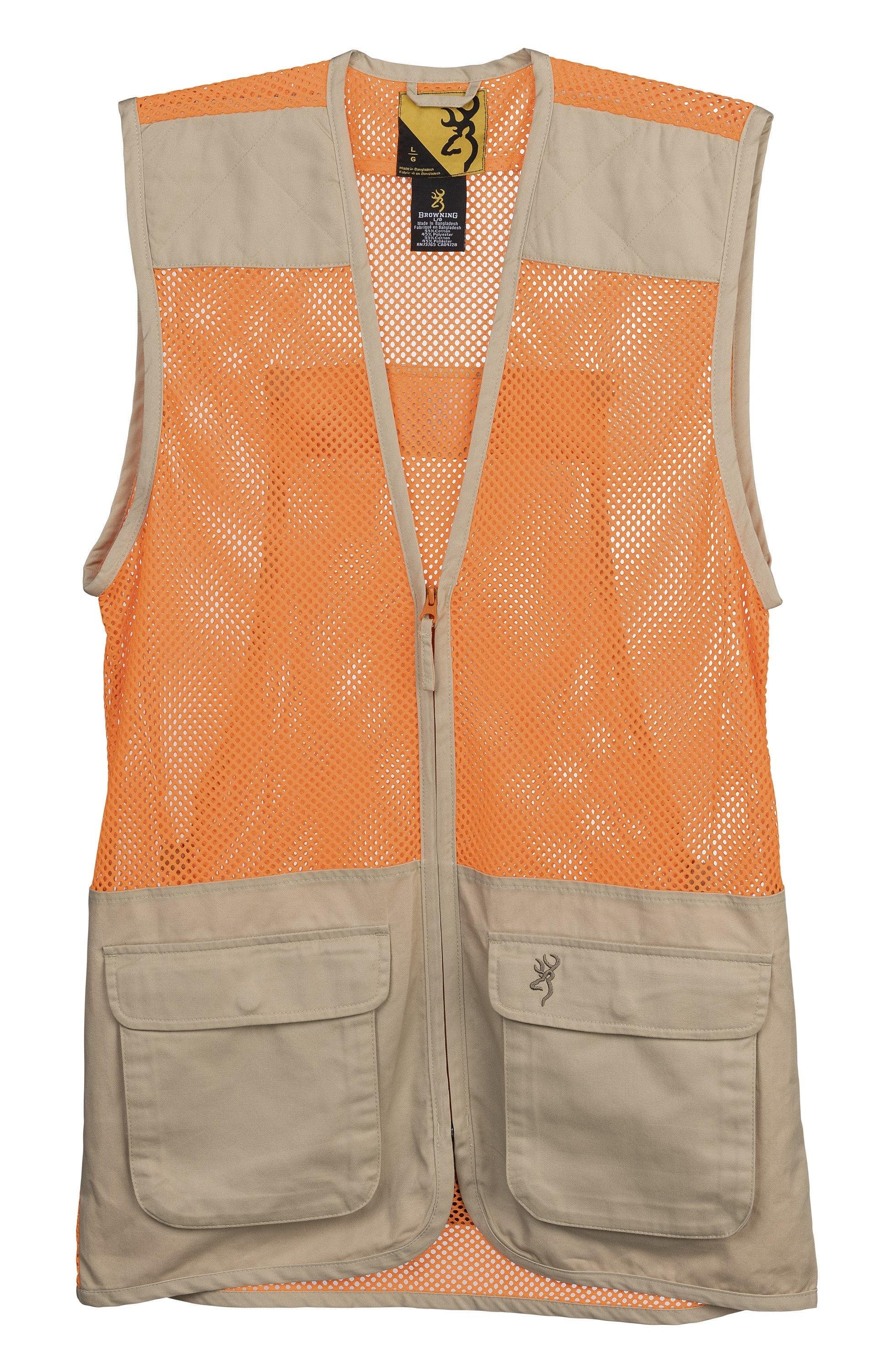 Orange mesh hunting vest with khaki pockets and Browning logo, outdoor gear apparel