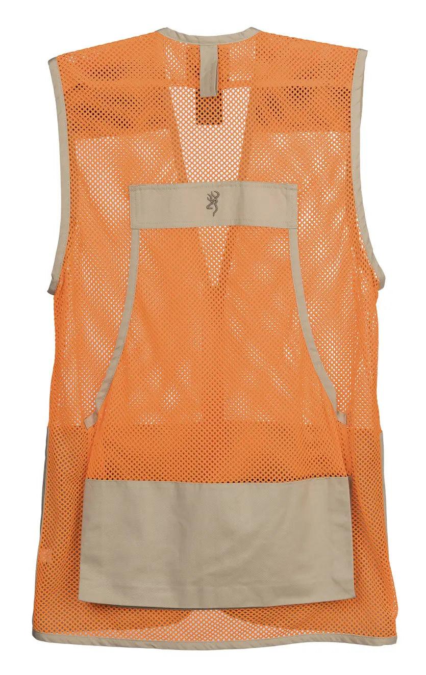 Orange mesh blaze hunting vest with tan pockets and Browning logo on the back