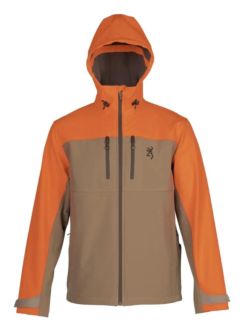 Tan and blaze orange hooded jacket with front zip and chest pockets, outdoor wear