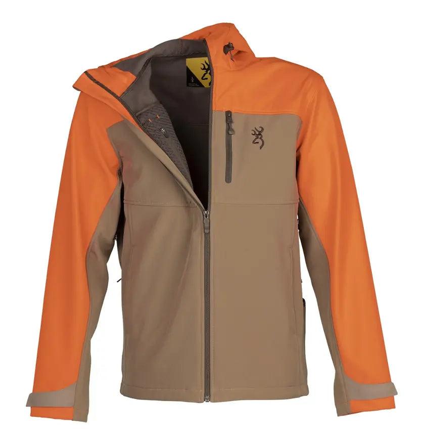 Tan and blaze orange Flushing Meadows jacket with zip front and hood, Browning logo on chest