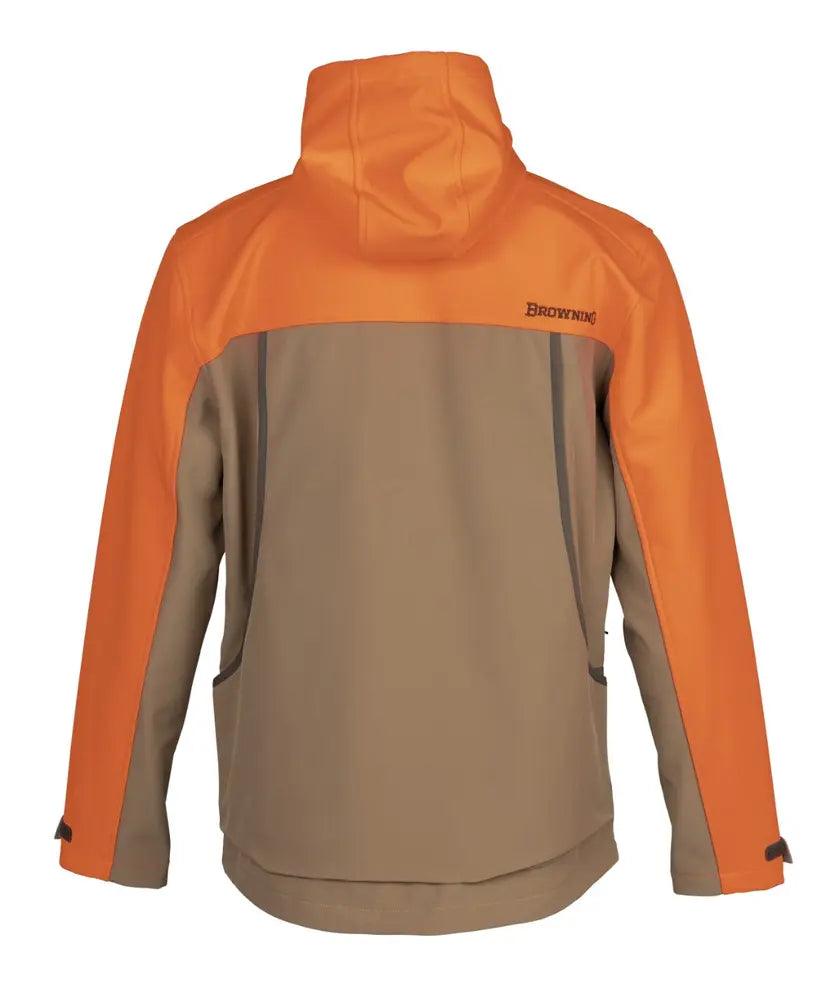 Tan and blaze orange Browning jacket with hood, shown from the back