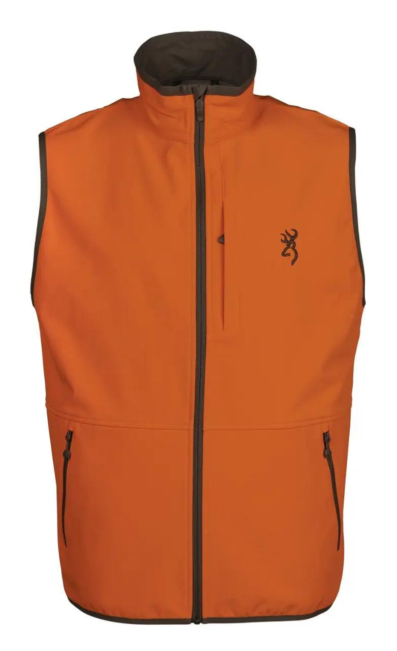 Blaze orange softshell vest with zip pockets and Browning logo, front view