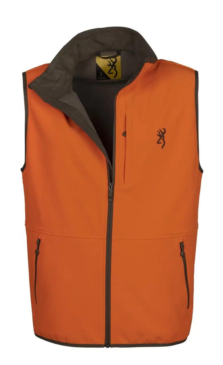 Blaze orange softshell hunting vest with zippered pockets and deer logo on chest