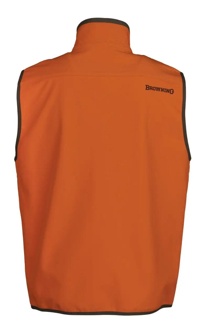 Back view of orange Browning softshell vest with black trim