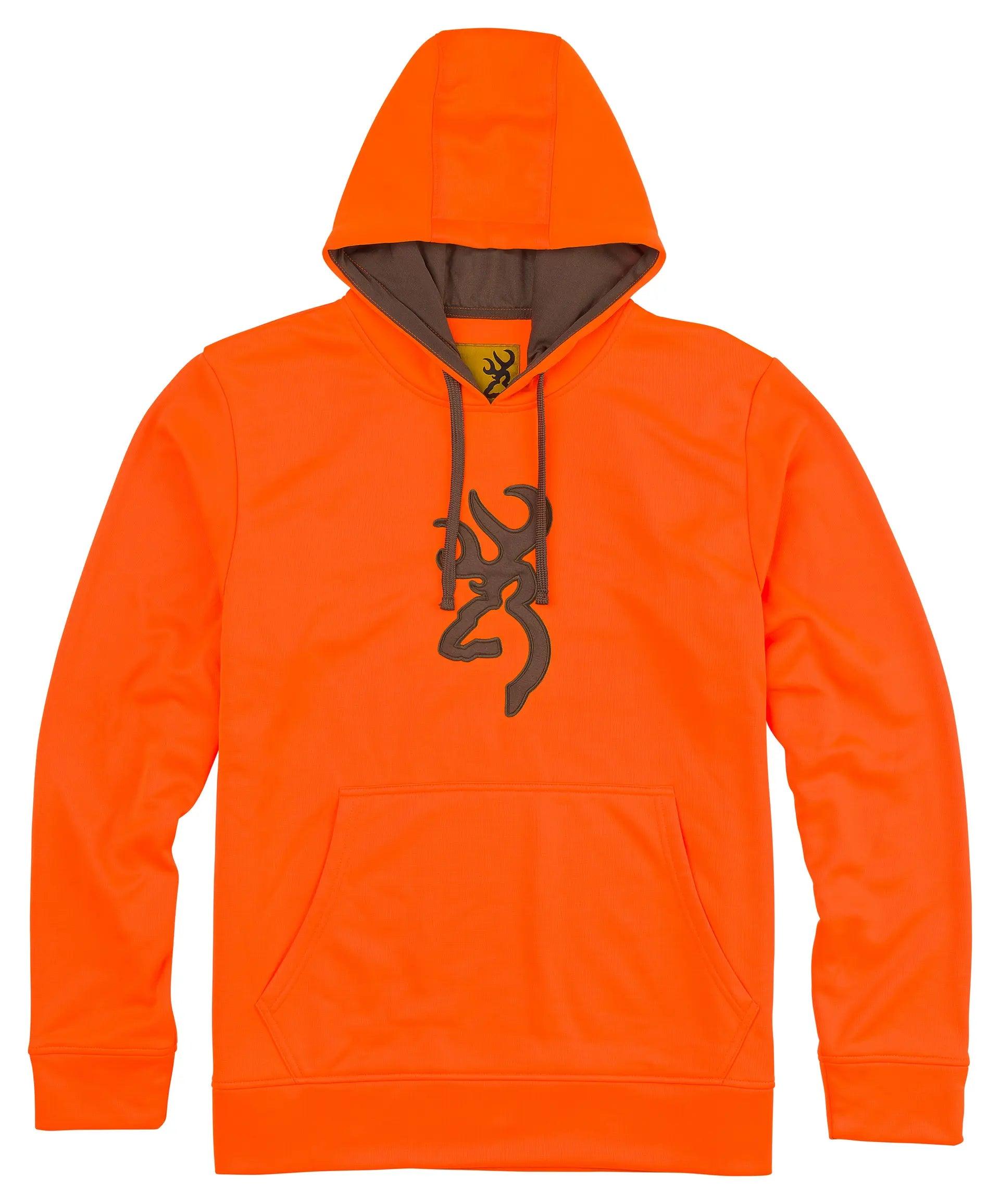 Bright orange hooded sweatshirt with brown logo and front pocket on white background