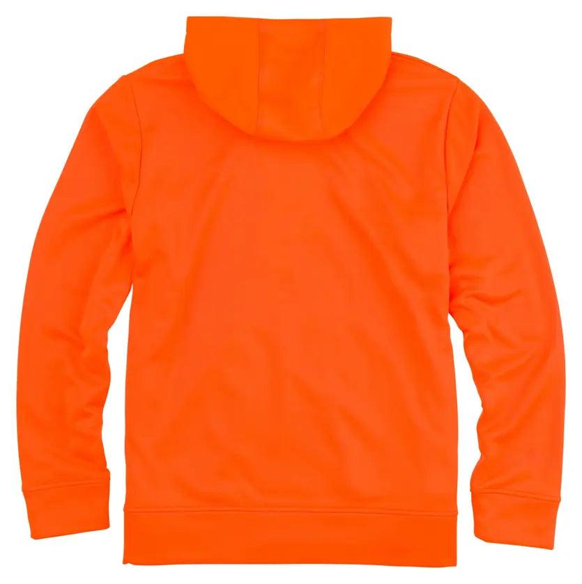Back view of bright orange tech hooded sweatshirt with long sleeves