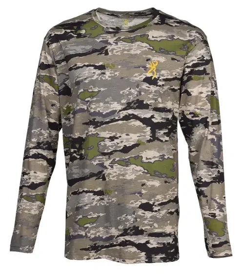Wasatch long sleeve t-shirt in green camo pattern with gold logo on chest