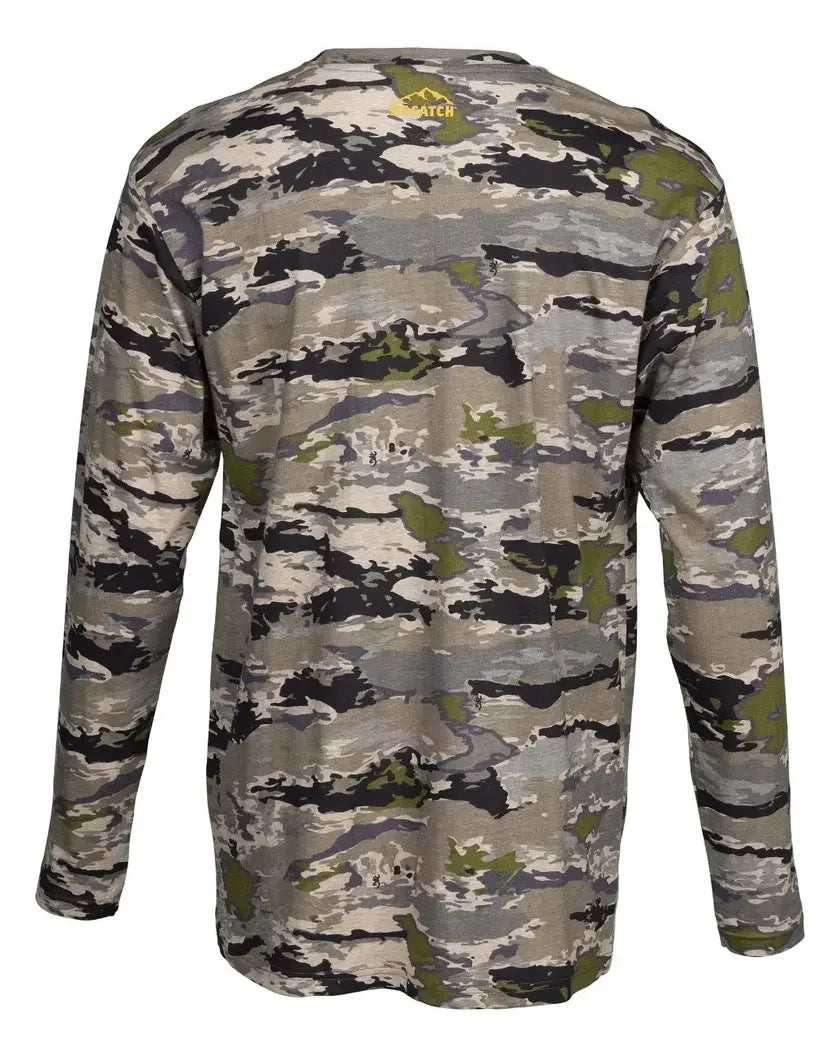 Back view of Wasatch camo long sleeve t-shirt with green, gray, and black pattern