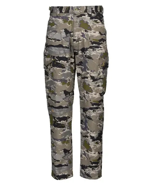 Men's camouflage cargo hunting pants with multi-pocket design on white background