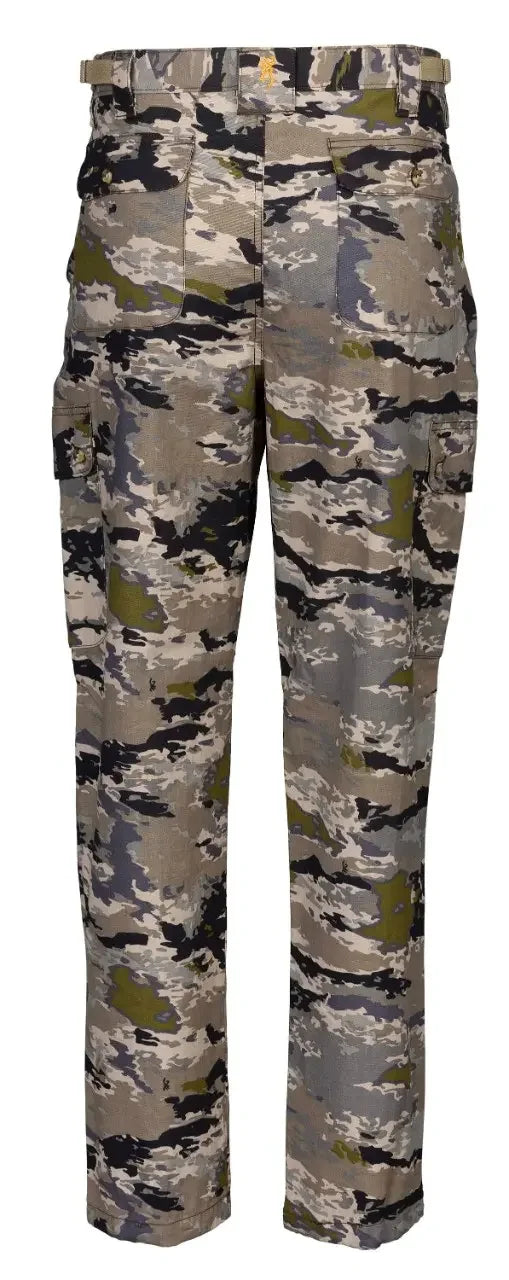 Men's camouflage cargo pants with front pockets, woodland camo pattern, isolated on white