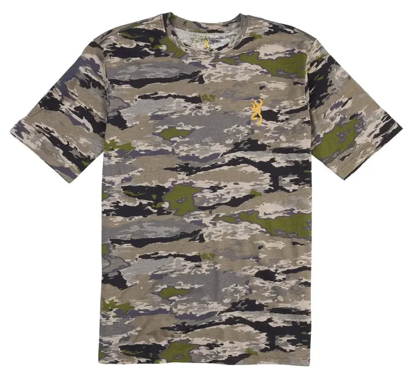 Men's short sleeve Wasatch CB camouflage shirt with yellow deer logo on chest