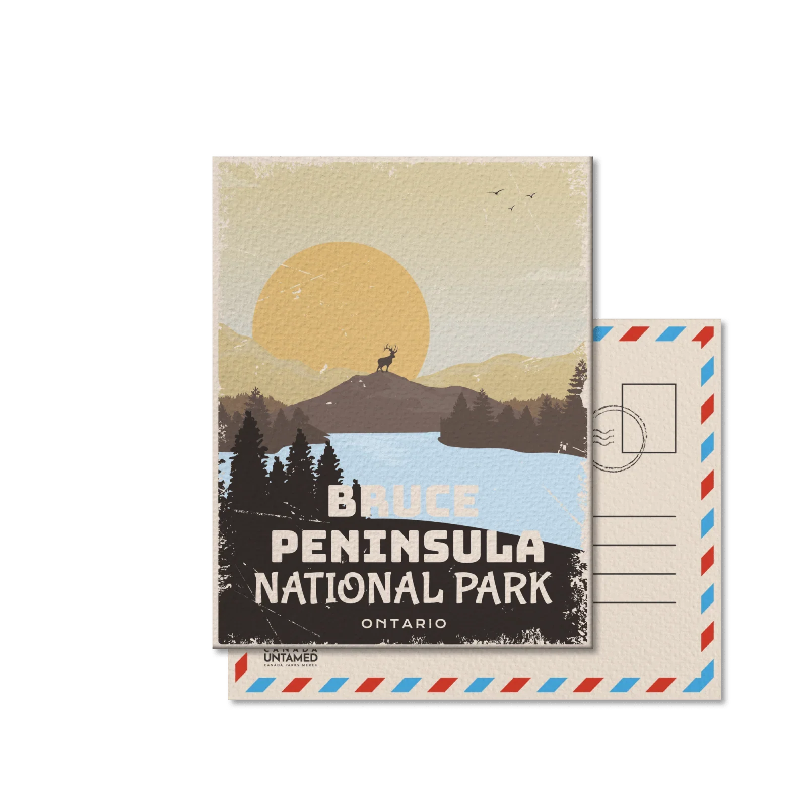 Bruce Peninsula National Park postcard with sun, deer silhouette, forest, and lake scene