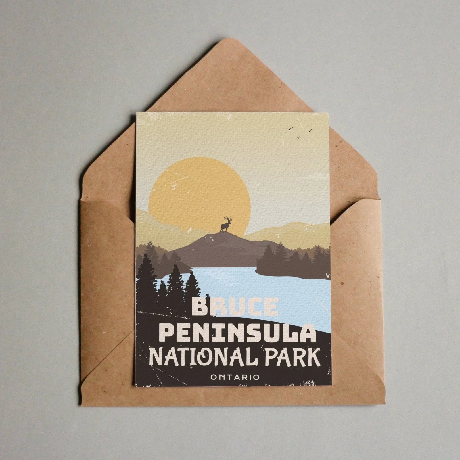 Bruce Peninsula National Park Ontario postcard with deer and sunset illustration in envelope