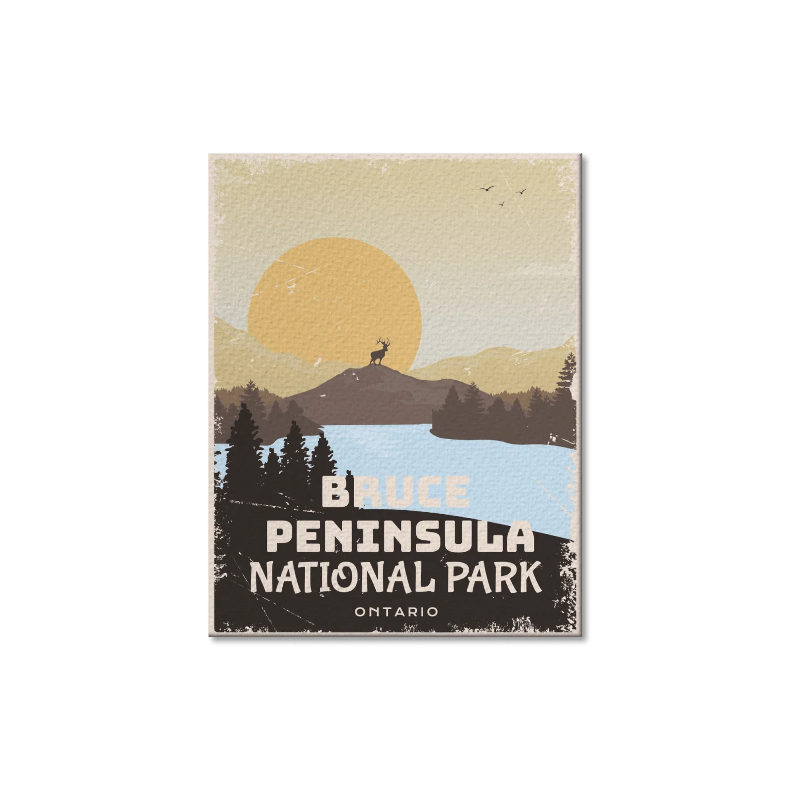 Bruce Peninsula National Park Ontario postcard with deer, lake, forest, and sunset illustration