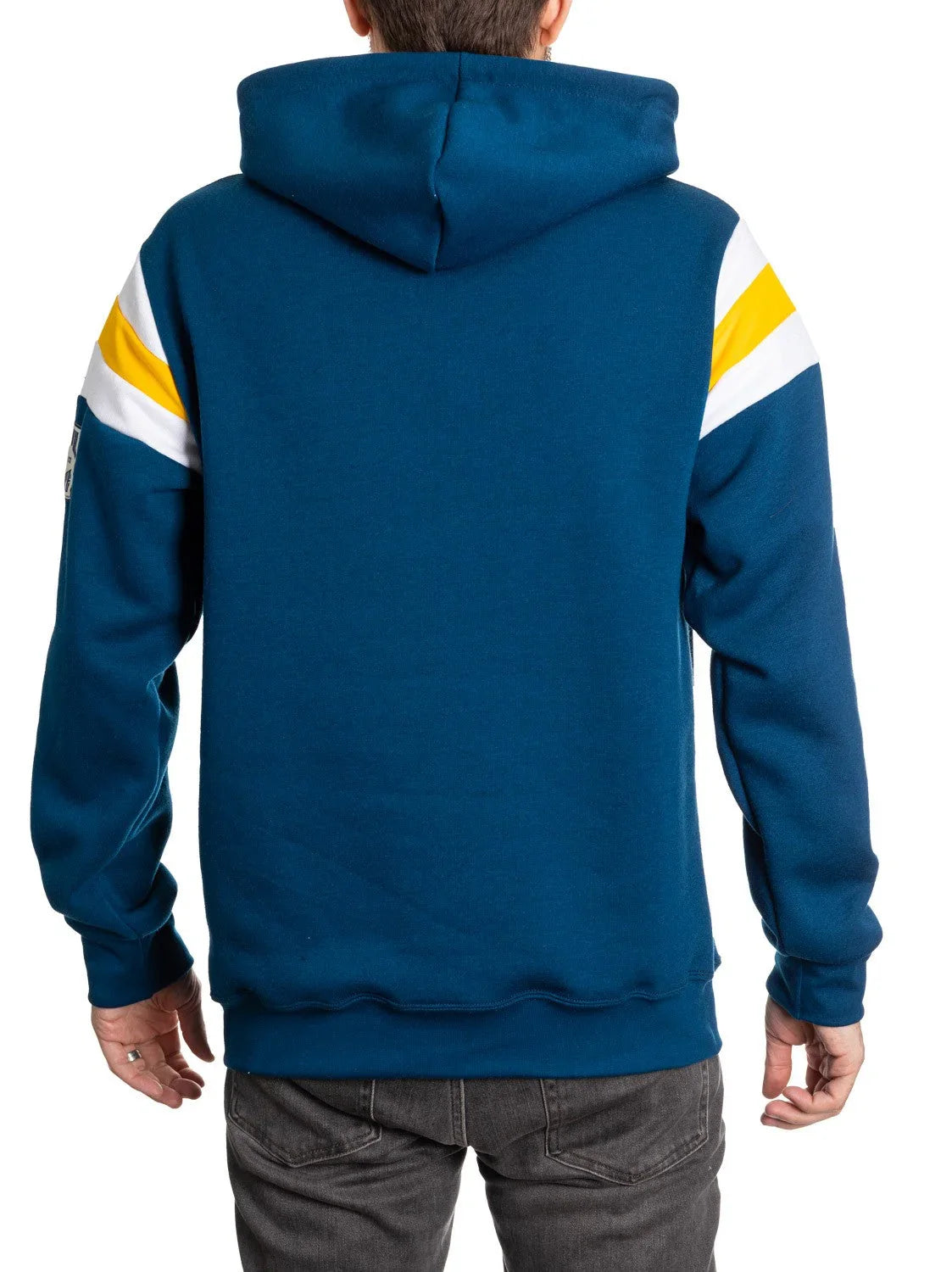 Back view of blue varsity hoodie with yellow and white stripes on sleeves