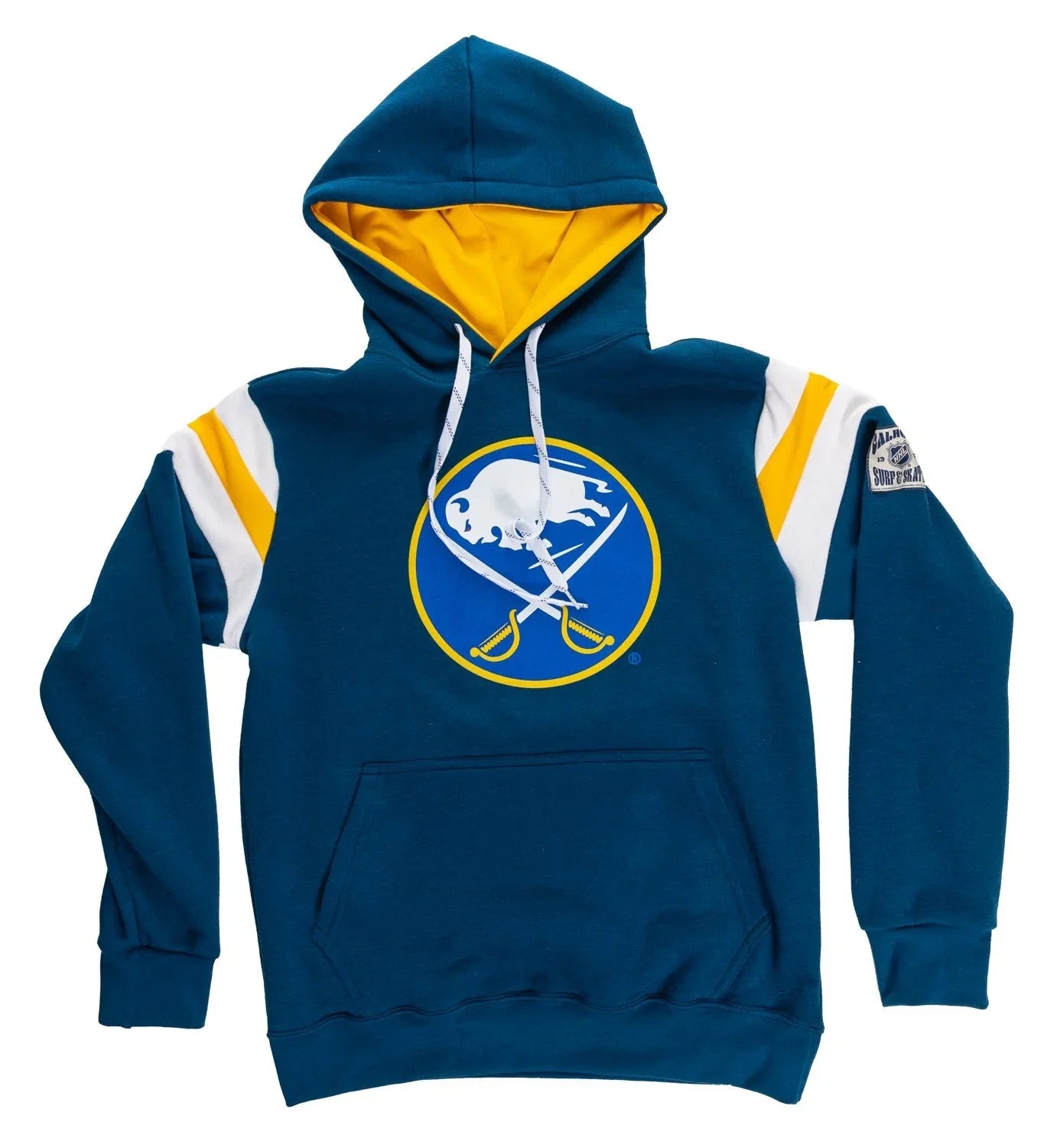 Blue Buffalo Sabres varsity hoodie with yellow lining and team logo on front