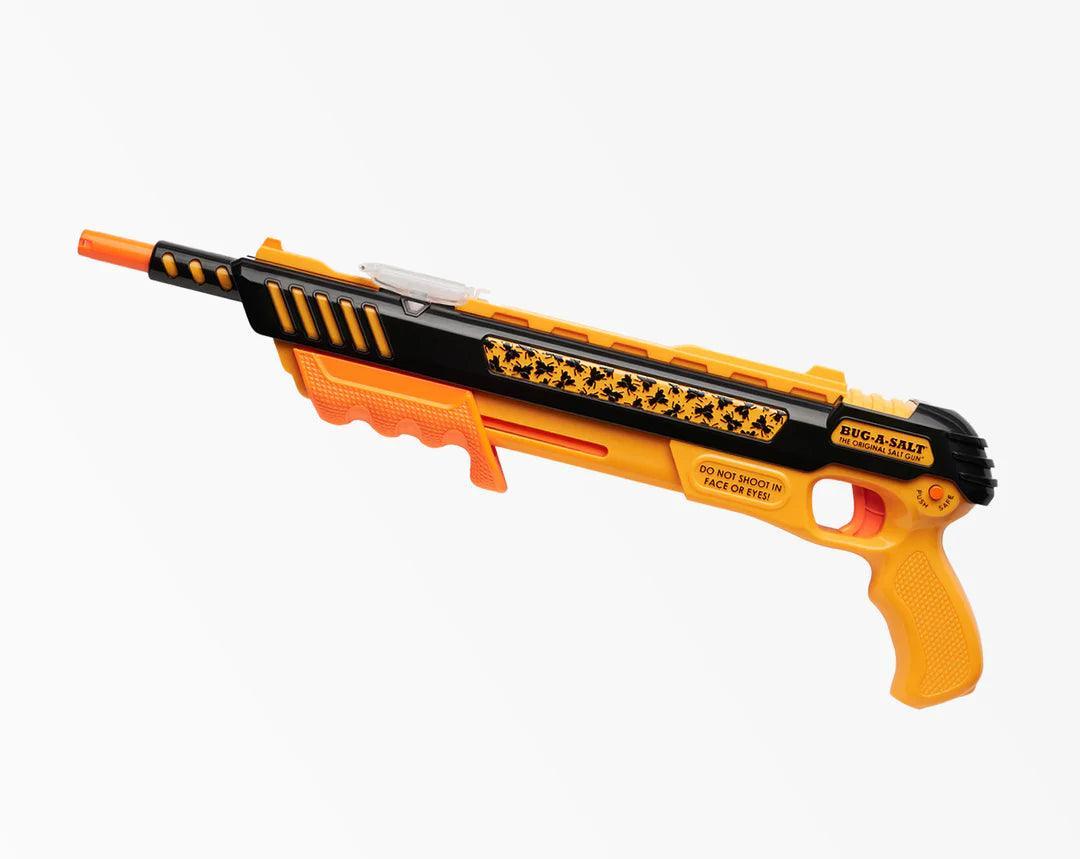 Bug-A-Salt yellow and black insect salt gun against a white background