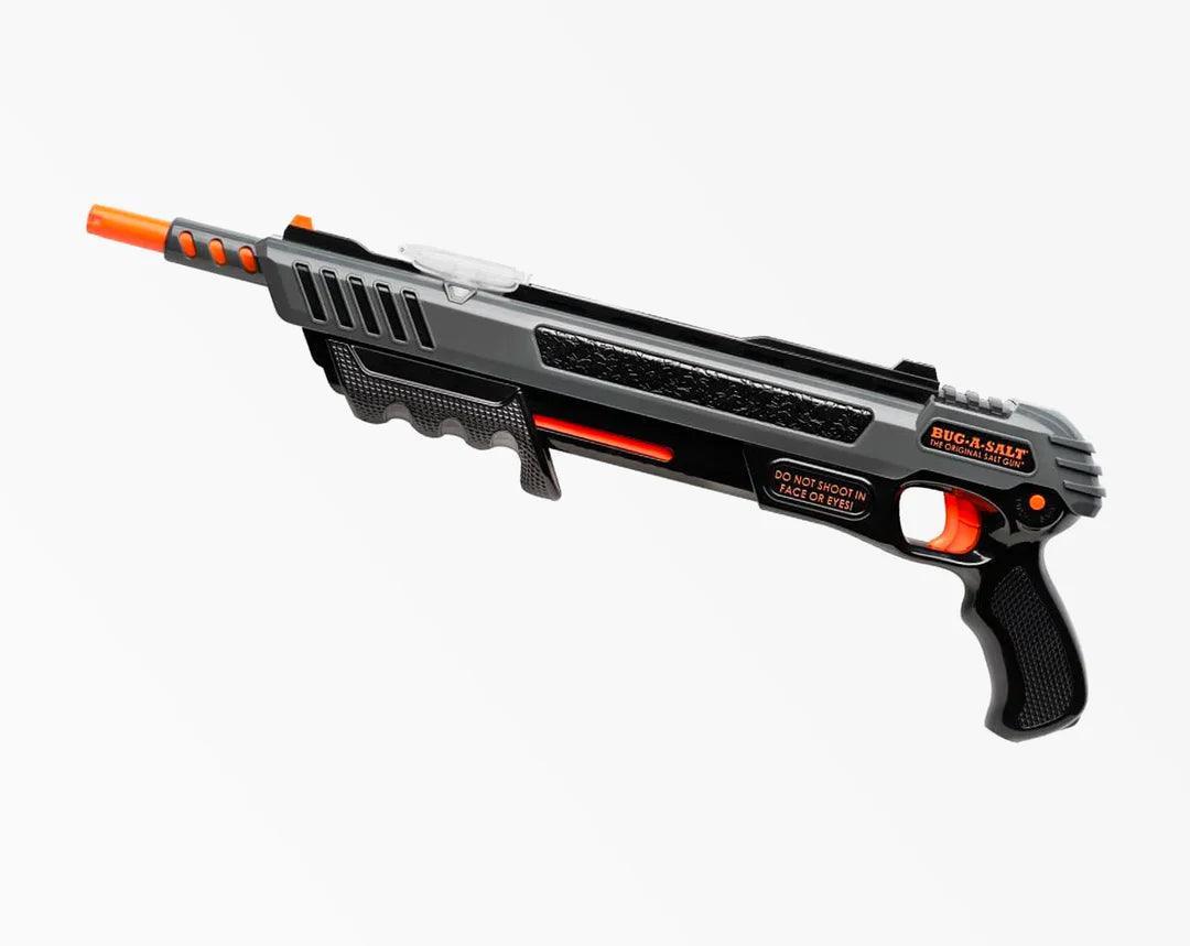 Black and orange Bug-A-Salt fly gun for insect control on white background