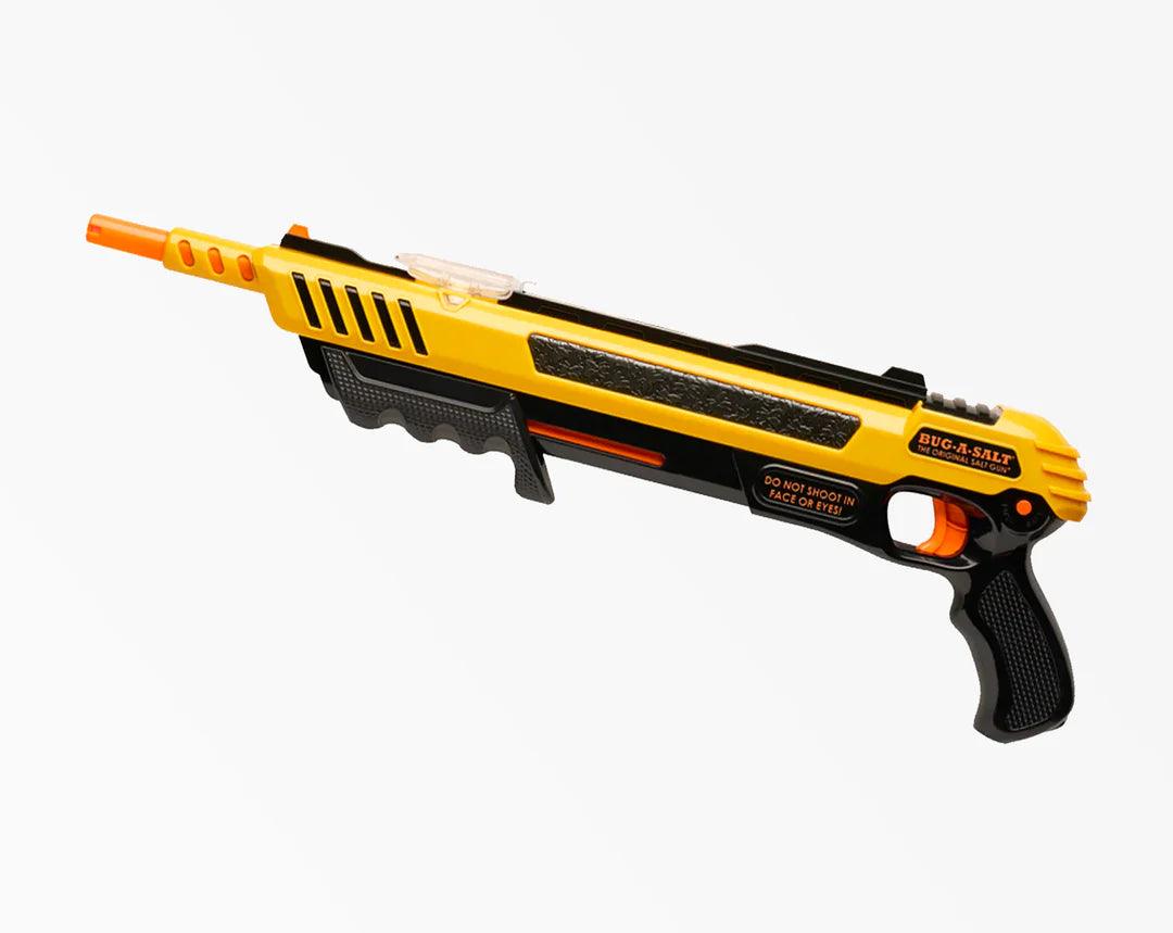 Yellow and black BUG-A-SALT gun for pest control against flies, isolated on white background