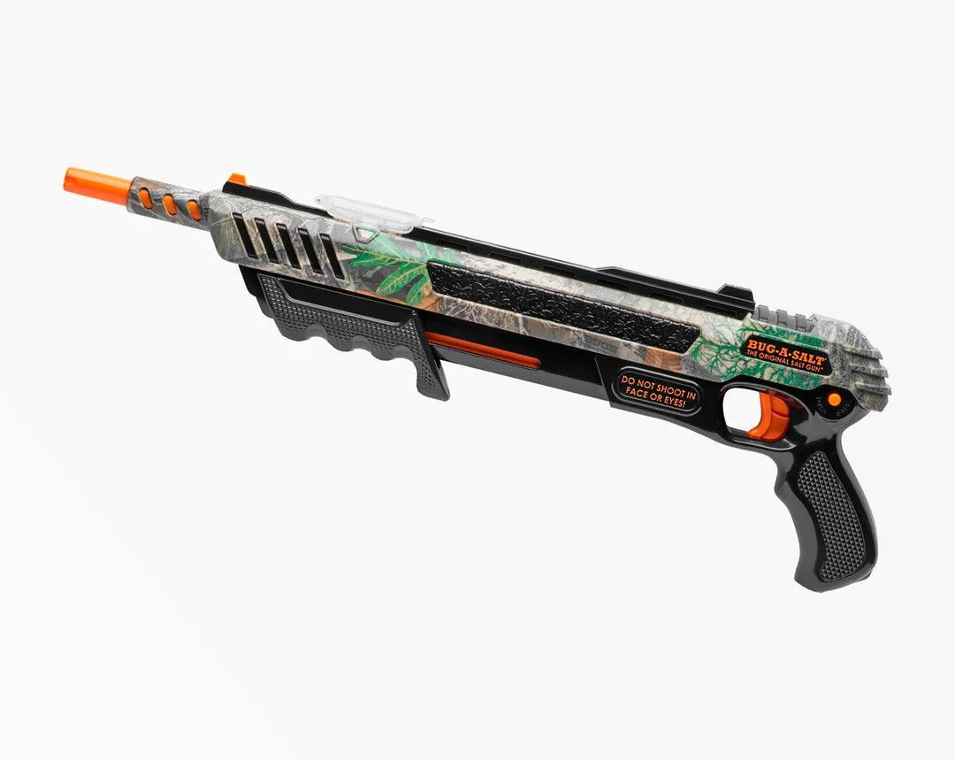 Bug-A-Salt 3.0 Realtree camo air gun with orange accents on white background