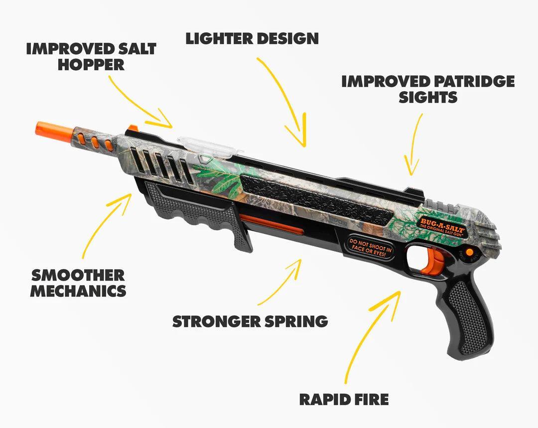 Bug-A-Salt 3.0 Realtree camo salt gun with labeled improved features on white background