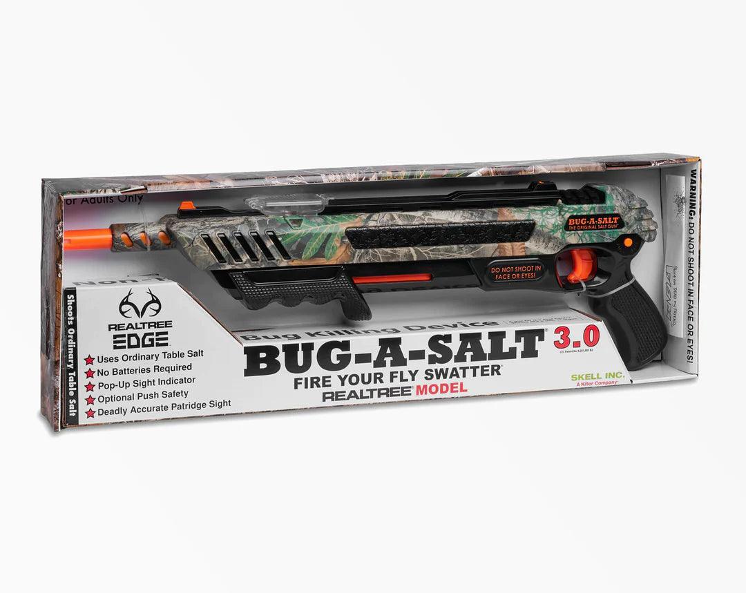 BUG-A-SALT 3.0 Realtree camo salt gun for fly swatting in retail packaging