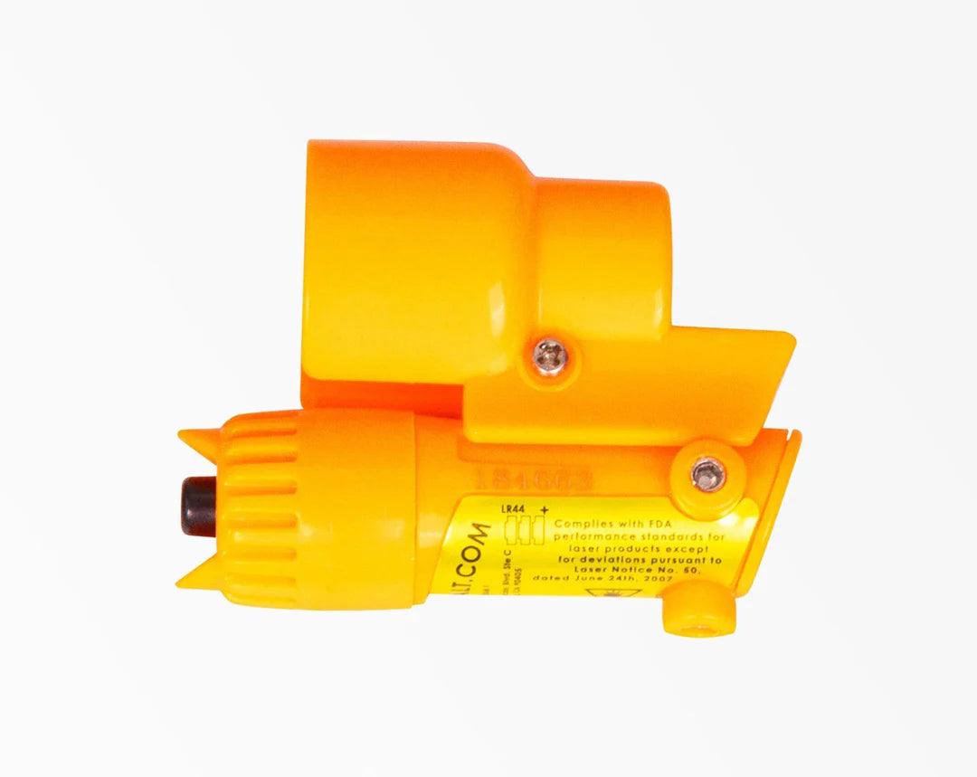 Bright yellow plastic safety tool with screws and battery label on white background