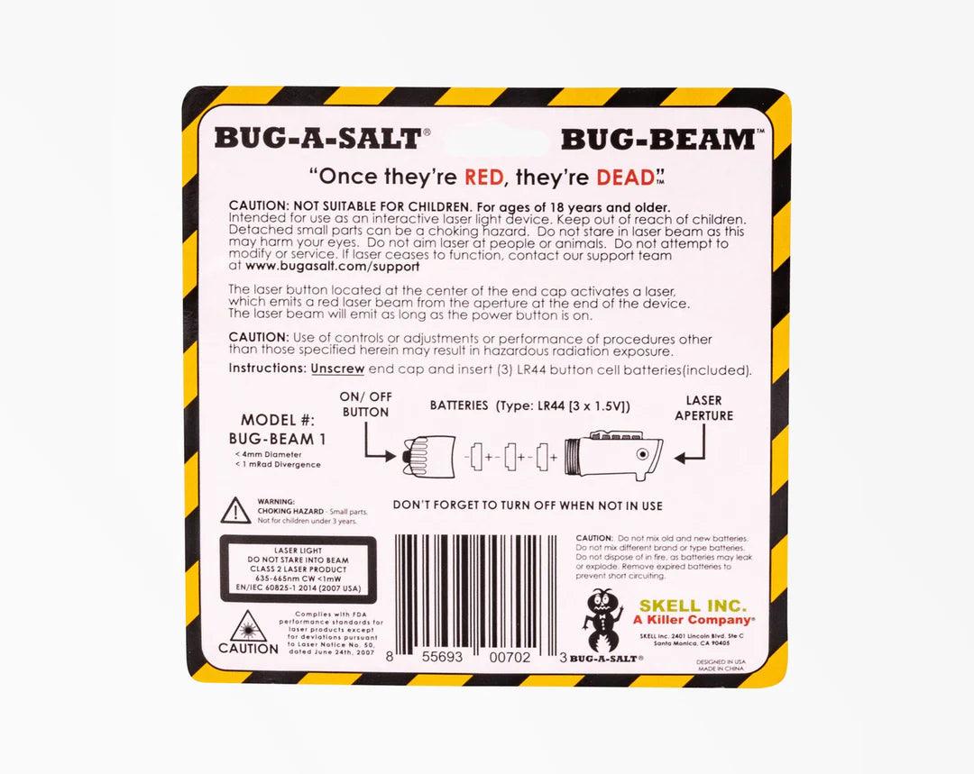 Bug-A-Salt Bug-Beam laser attachment instruction card with caution warnings and battery diagram