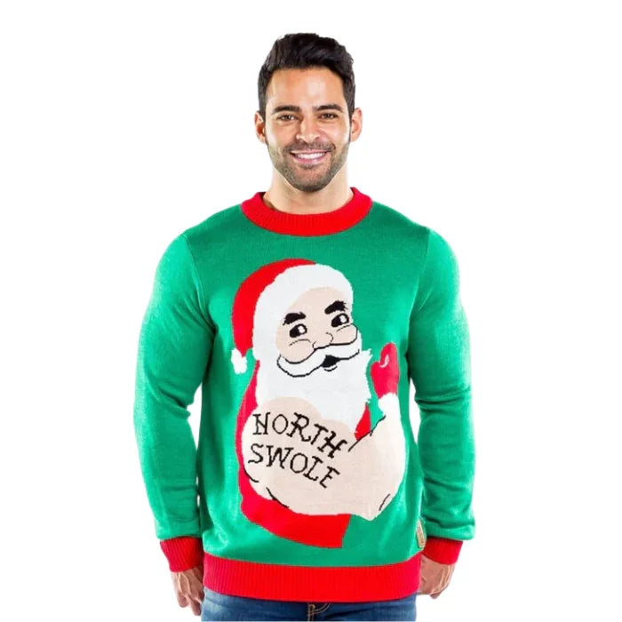 Man wearing green Christmas sweater with flexing Santa and 'North Swole' text