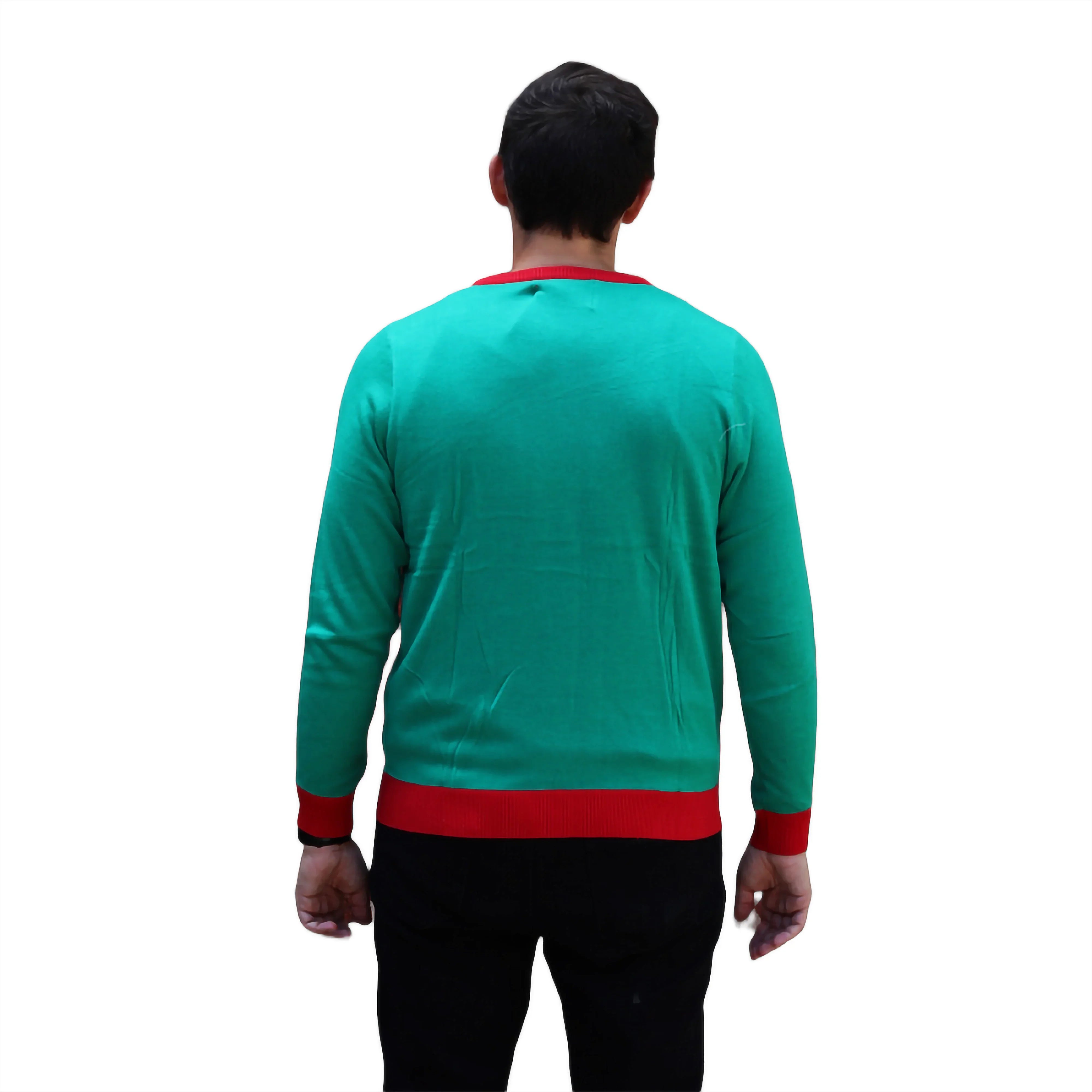 Man wearing green sweater with red trim, viewed from behind on white background