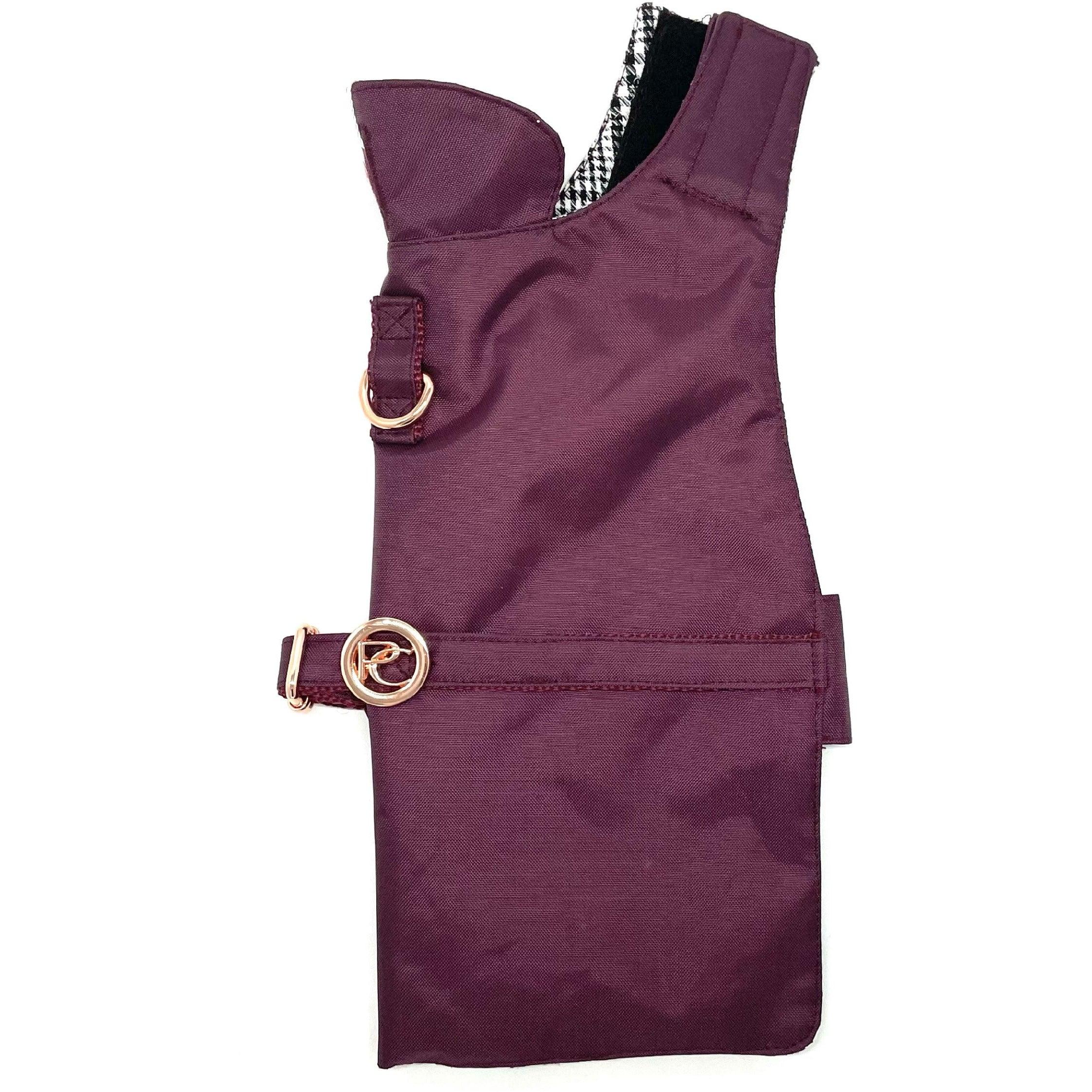 Plum dog coat with gold buckles and houndstooth lining, pet clothing accessory