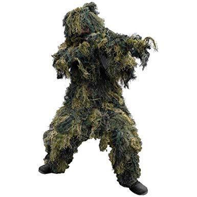 Person wearing a full camo Bushline Outdoors ghillie suit, suitable for outdoor hunting