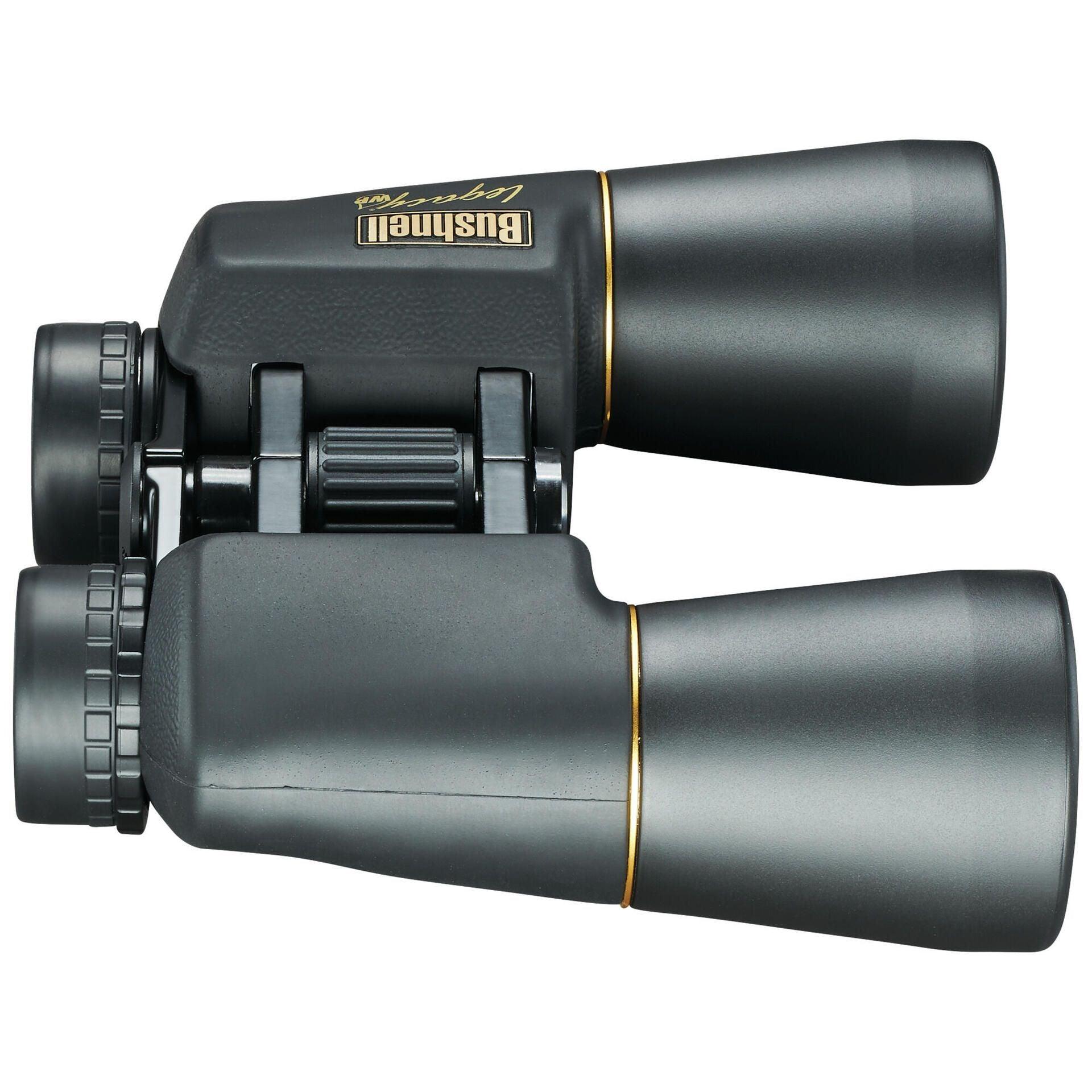Bushnell Legacy WP 10x50 binoculars in black with gold accents, side view