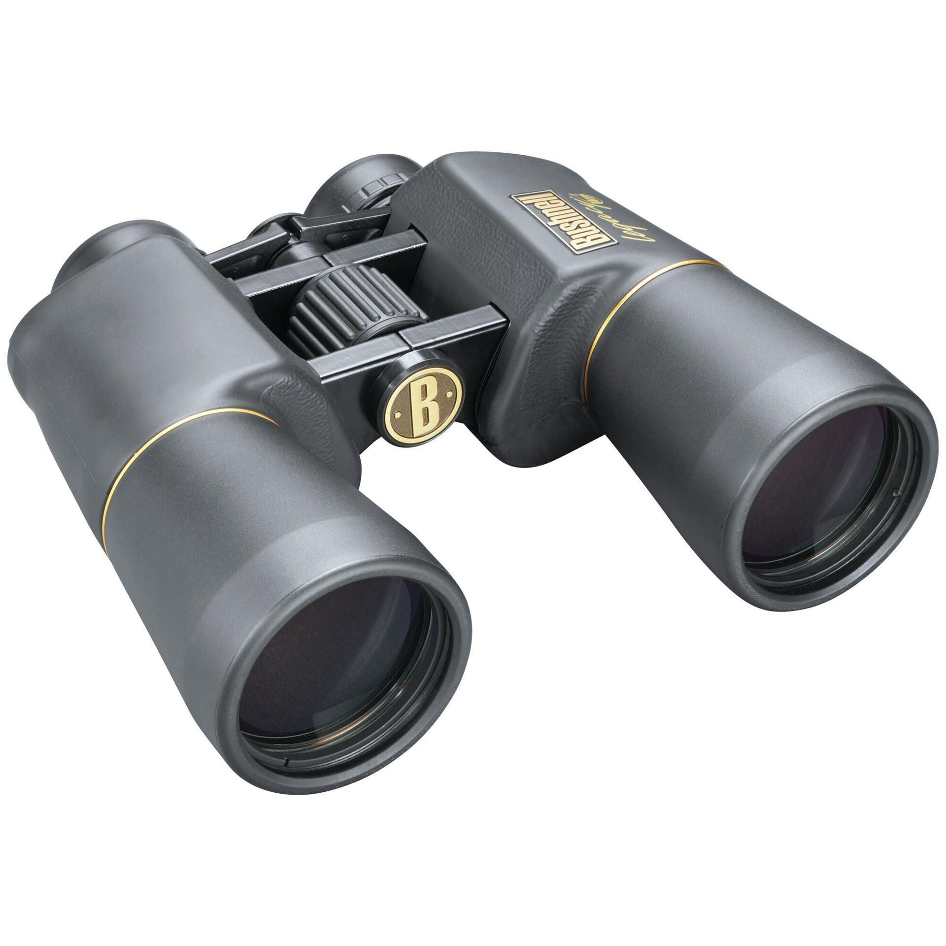 Bushnell Legacy WP 10x50 binoculars with black body and gold accents on a white background