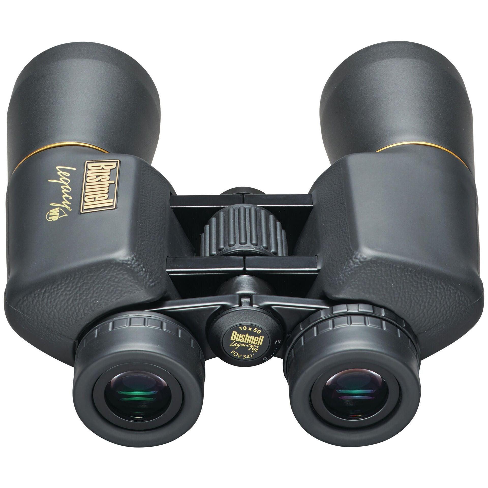 Bushnell Legacy WP 10x50 binoculars close-up with black body and gold accents