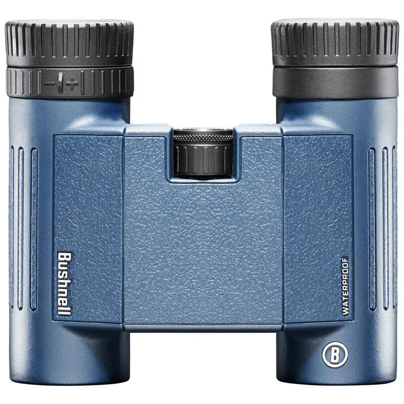 Bushnell waterproof blue binoculars front view with textured grip and black eyepieces