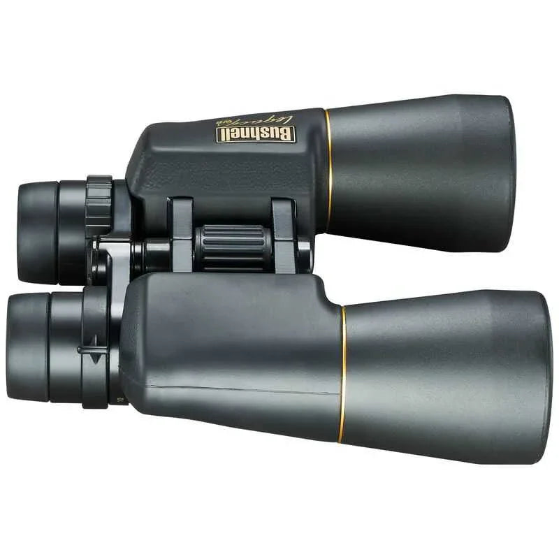Bushnell Legacy WP 10-22x50 black binoculars with gold accents on white background