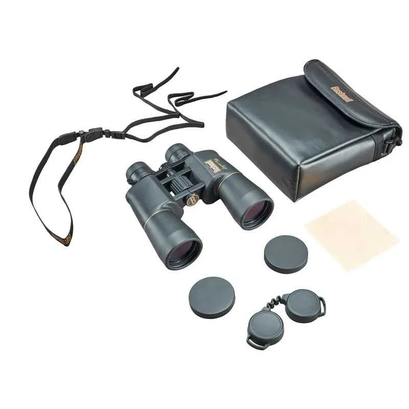 Bushnell Legacy WP 10-22x50 binoculars set with case, caps, strap, and cloth.