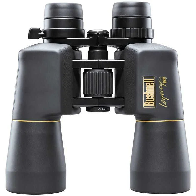 Bushnell Legacy WP 10-22x50 black binoculars with gold logo and central focus knob