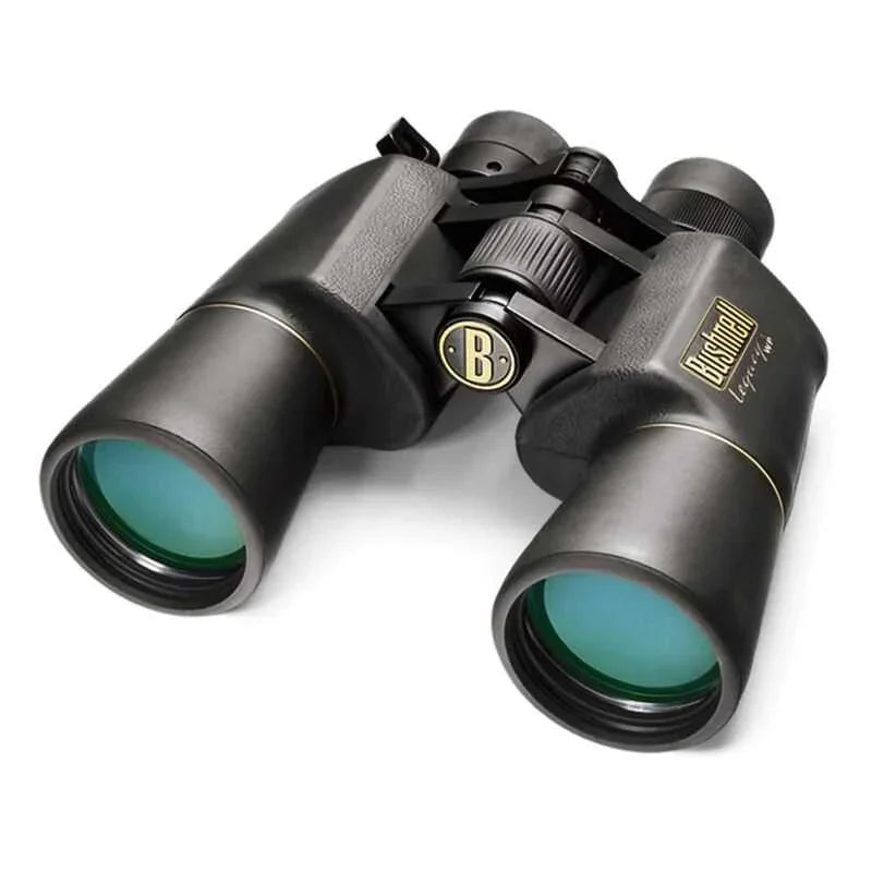 Bushnell Legacy WP 10-22x50 black binoculars with gold accents on a white background