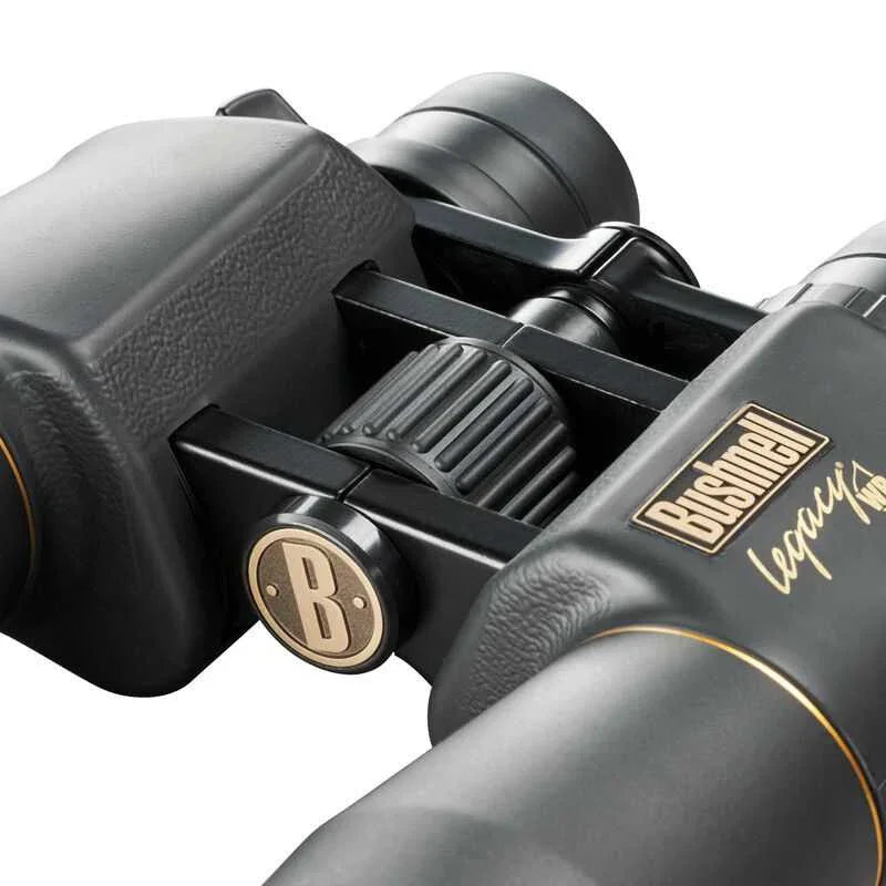 Bushnell Legacy WP 10-22x50 binoculars close-up showing focus wheel and logo