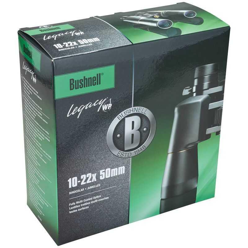 Bushnell Legacy WP 10-22x50mm binoculars retail box with product image and branding