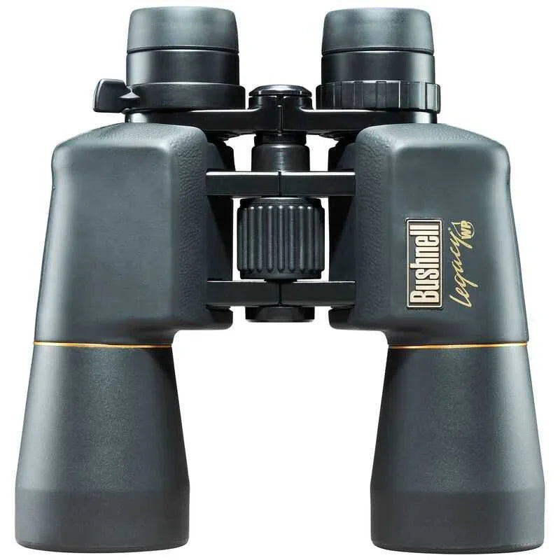 Bushnell Legacy WP 10-22x50 binoculars with black body and gold detailing, front view