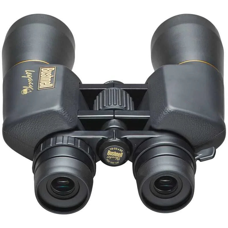 Bushnell Legacy WP 10-22x50 black binoculars with gold branding and textured grip