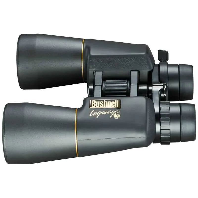 Bushnell Legacy WP 10-22x50 black binoculars with gold accents on a white background