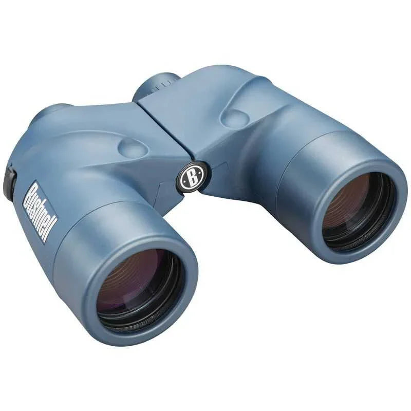 Bushnell Marine 7x50 waterproof binoculars with blue rubber armor on white background