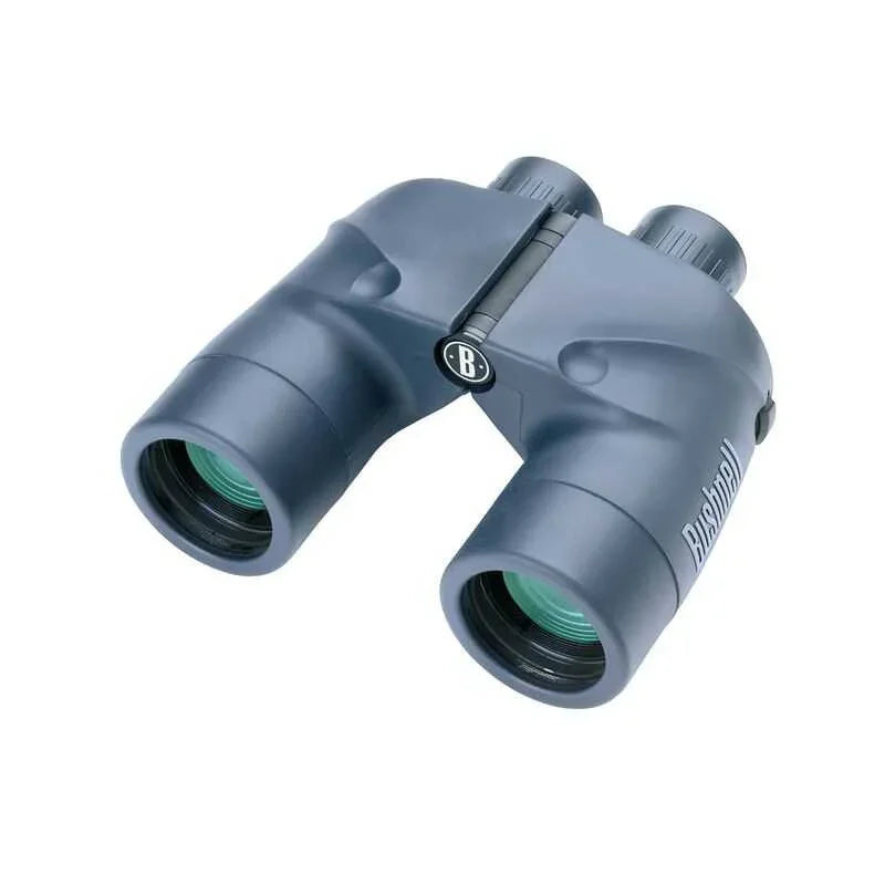 Bushnell Marine 7x50 waterproof binoculars with blue body and green lenses on white background