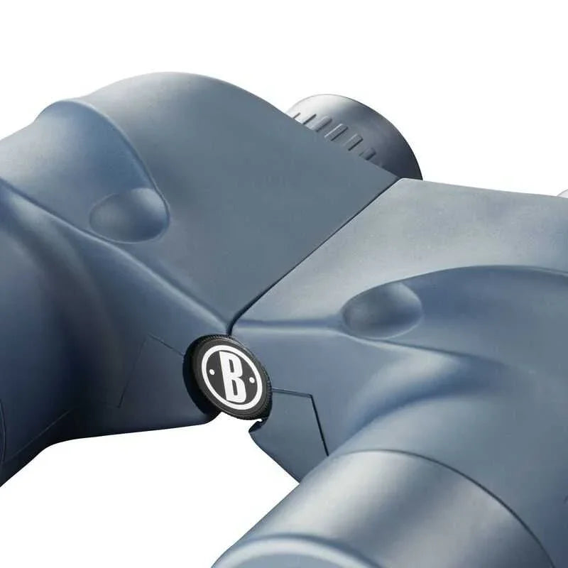 Close-up of Bushnell Marine 7x50 binoculars in blue with central focus knob